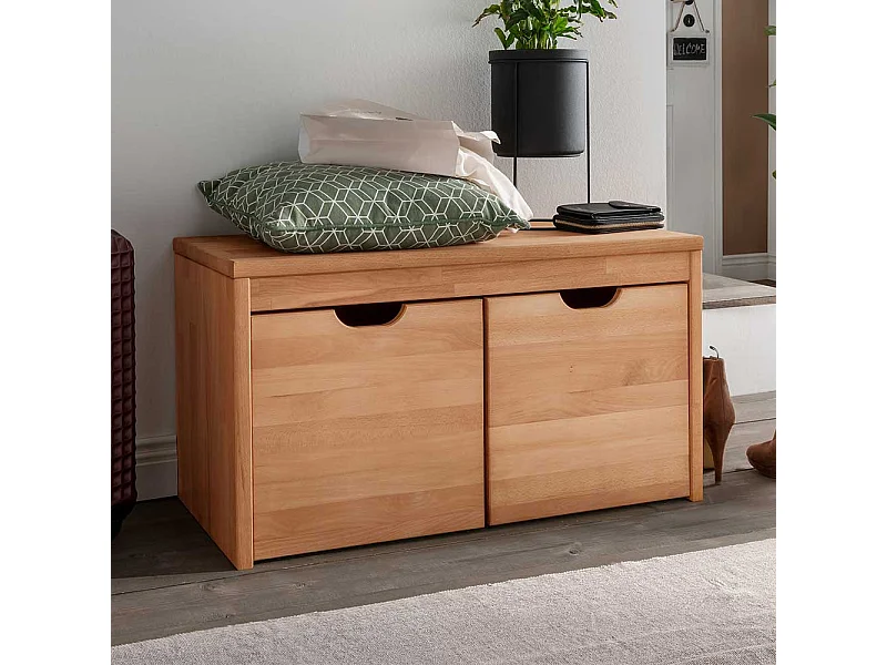 Sitzbank Holz massiv in Buchefarben zwei Holzboxen