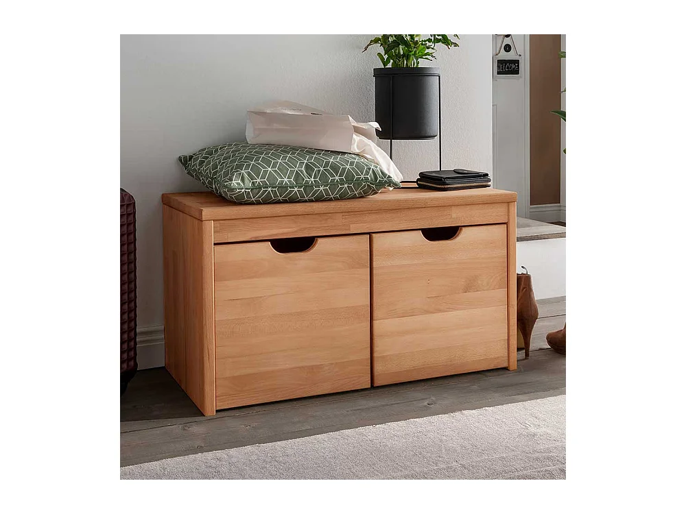 Sitzbank Holz massiv in Buchefarben zwei Holzboxen