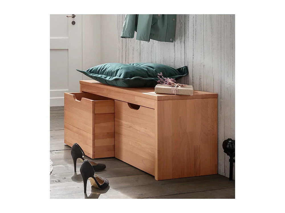 Sitzbank Holz massiv in Buchefarben zwei Holzboxen