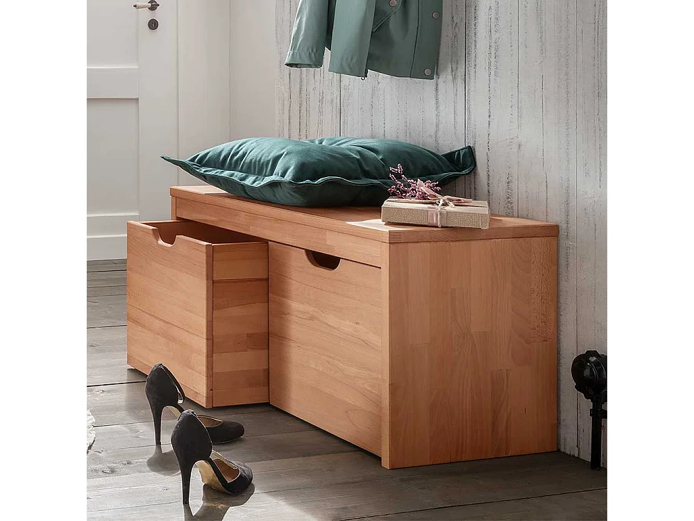 Sitzbank Holz massiv in Buchefarben zwei Holzboxen