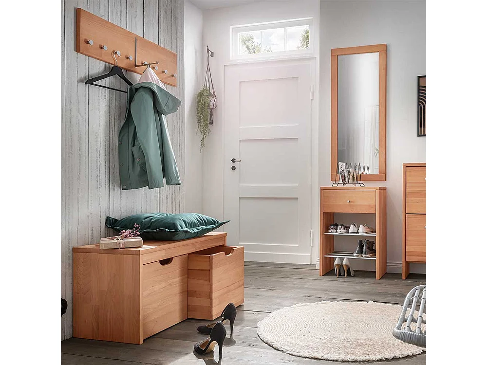 Sitzbank Holz massiv in Buchefarben zwei Holzboxen