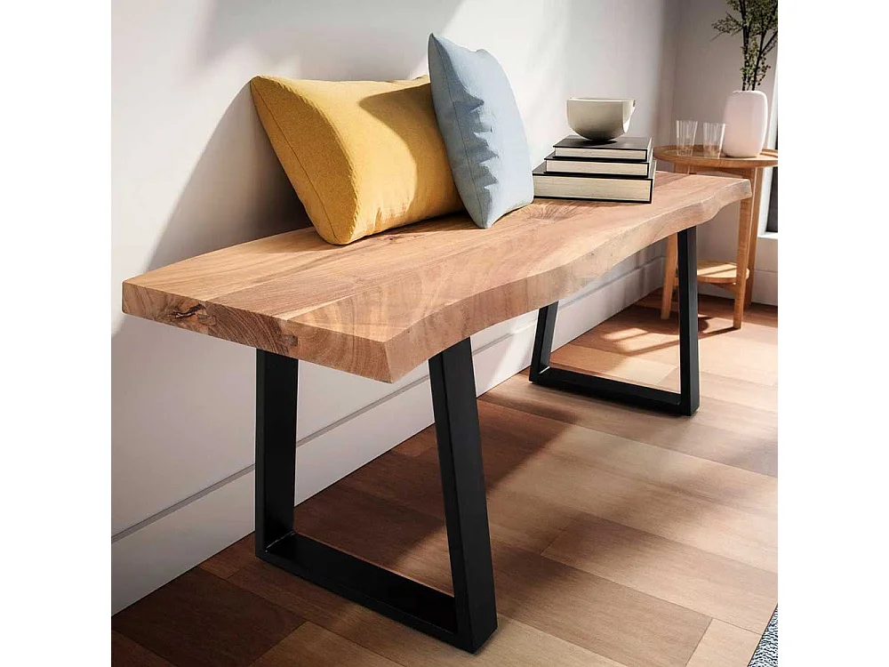 Sitzbank Bettbank aus Akazie Massivholz mit Bügelgestell aus Metall