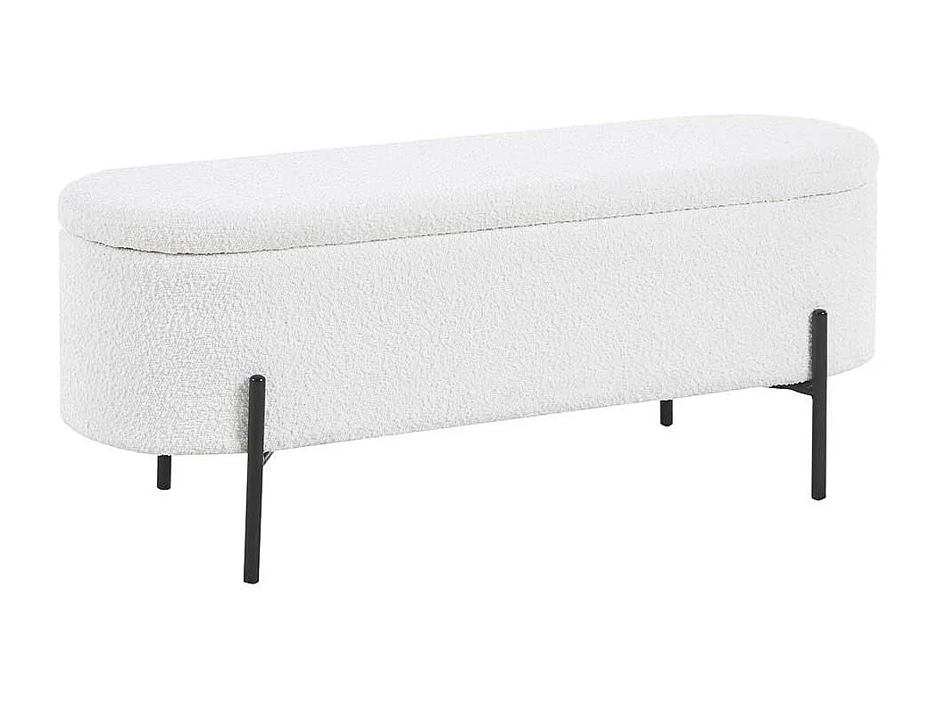 Bettbank mit Truhe weiss aus Boucle Stoff Vierfußgestell aus Metall