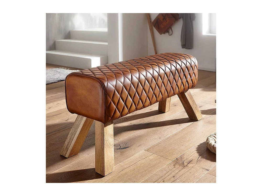 Rustikale Ledersitzbank in Cognac Braun Massivholzbeinen