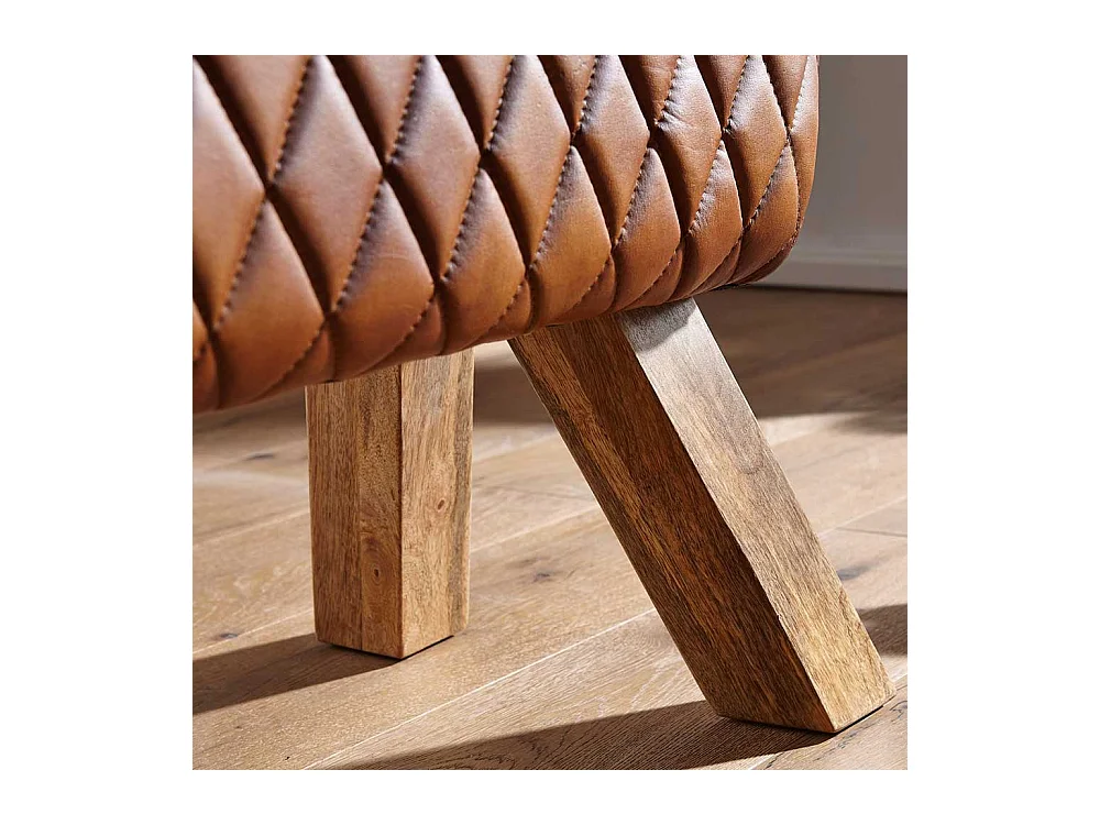 Rustikale Ledersitzbank in Cognac Braun Massivholzbeinen