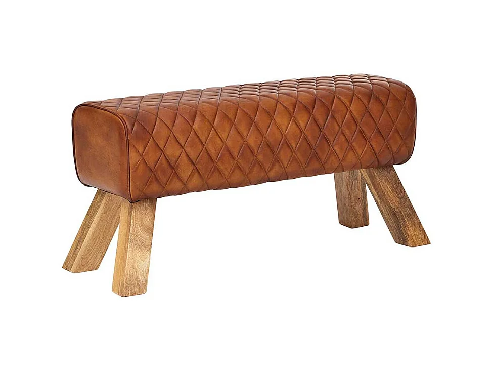 Rustikale Ledersitzbank in Cognac Braun Massivholzbeinen