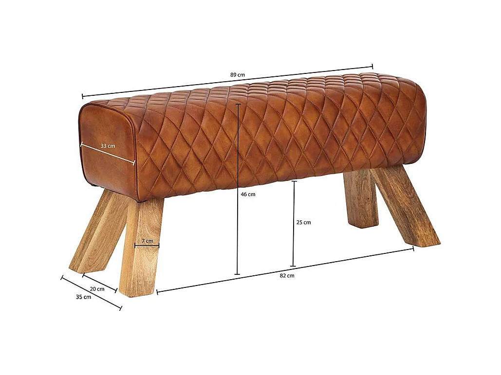 Rustikale Ledersitzbank in Cognac Braun Massivholzbeinen