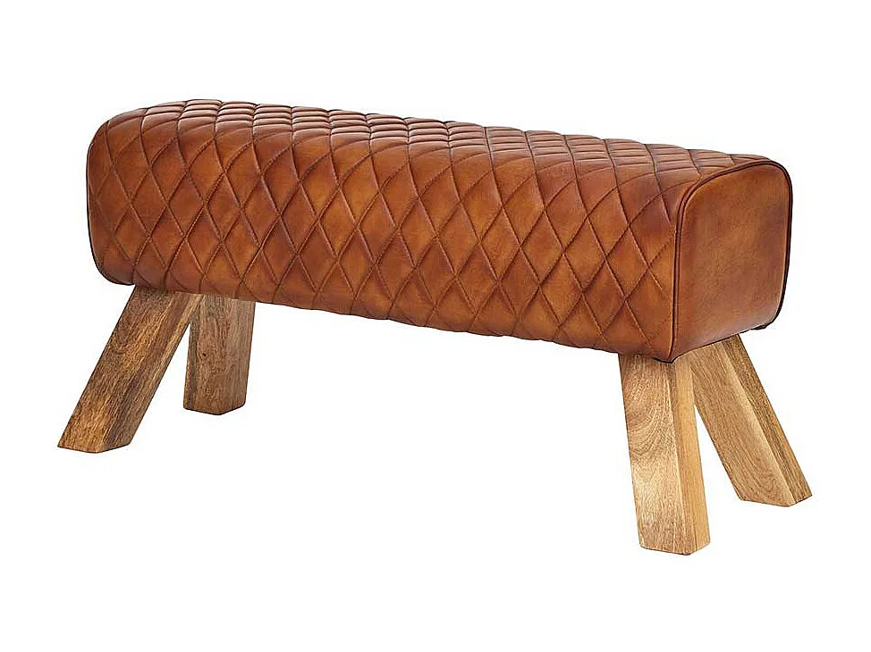 Rustikale Ledersitzbank in Cognac Braun Massivholzbeinen