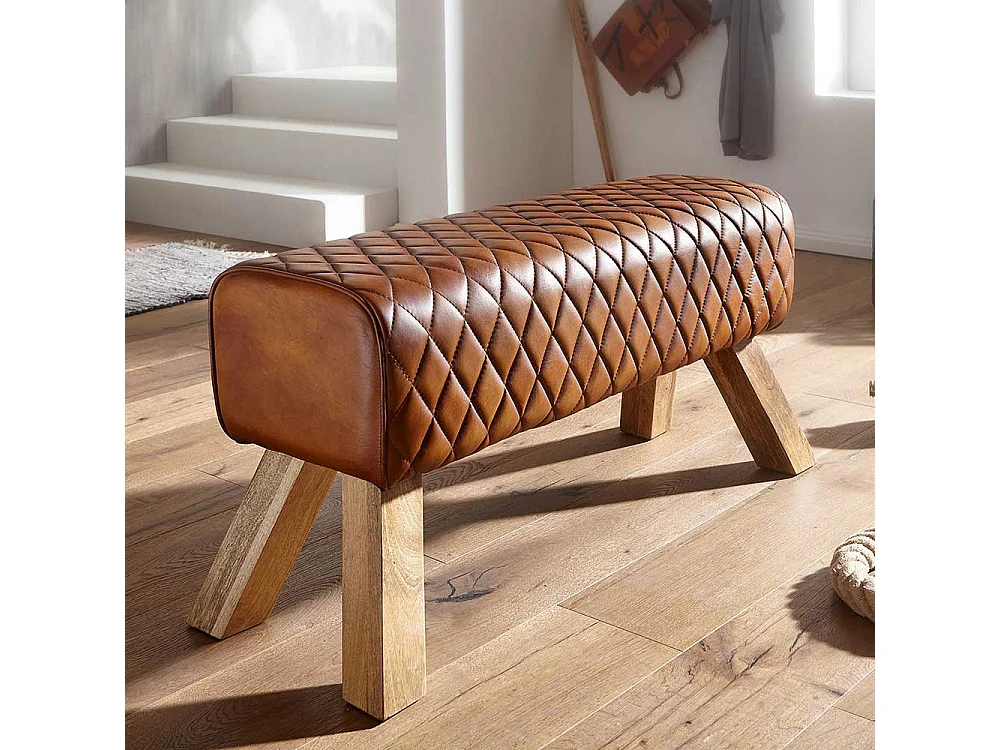 Rustikale Ledersitzbank in Cognac Braun Massivholzbeinen