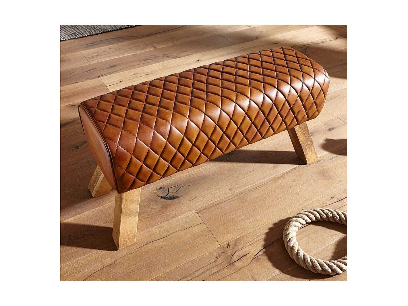 Rustikale Ledersitzbank in Cognac Braun Massivholzbeinen