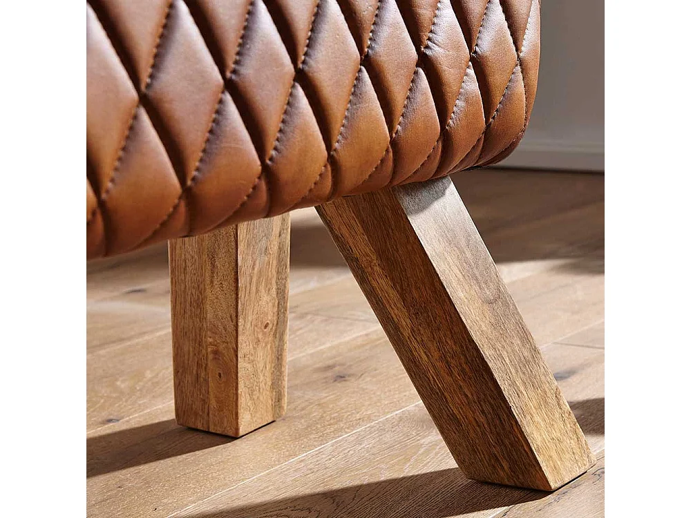 Rustikale Ledersitzbank in Cognac Braun Massivholzbeinen