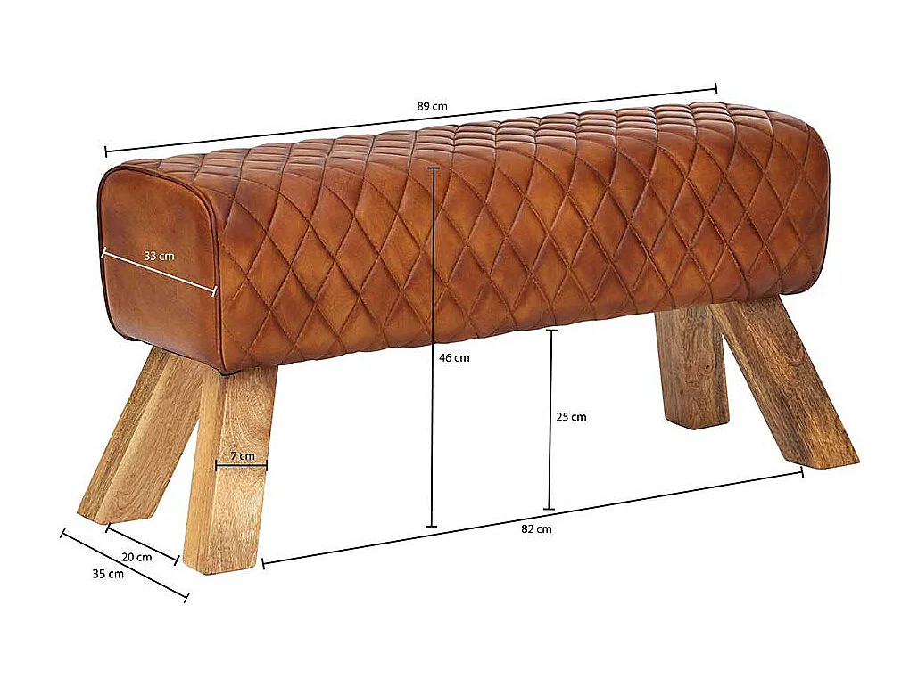 Rustikale Ledersitzbank in Cognac Braun Massivholzbeinen