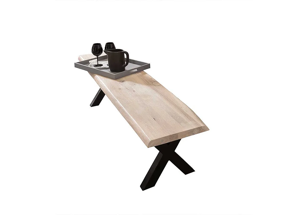 Baumkanten Esstischbank aus Eiche White Wash massiv X-Fußgestell in Schwarz