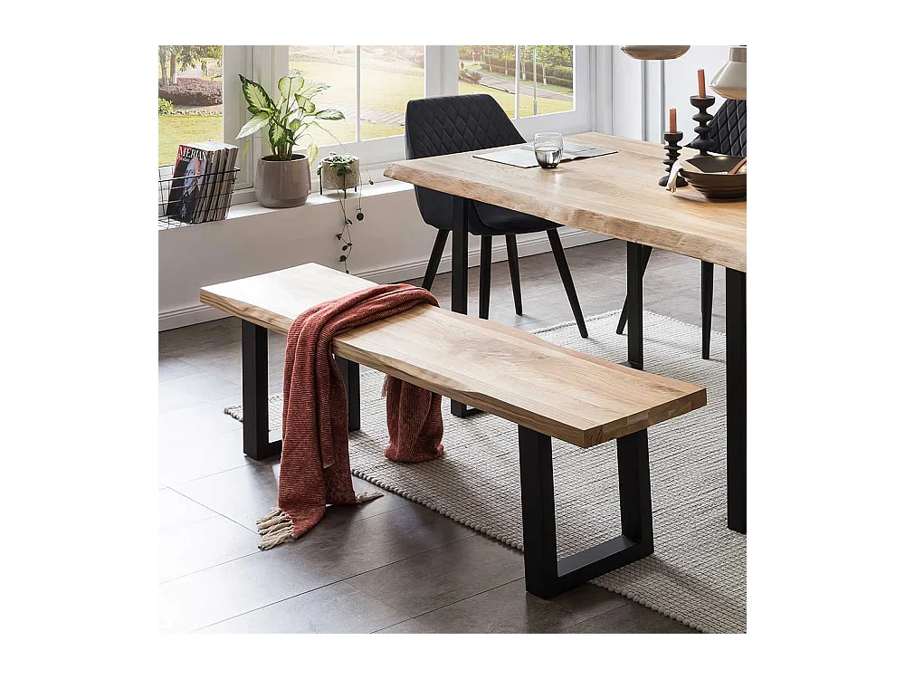 Baumkantenbank mit Bügelgestell aus Metall Eiche Massivholz