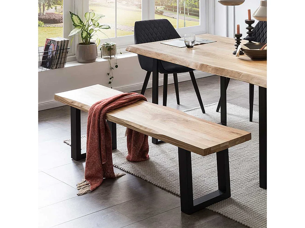 Baumkantenbank mit Bügelgestell aus Metall Eiche Massivholz