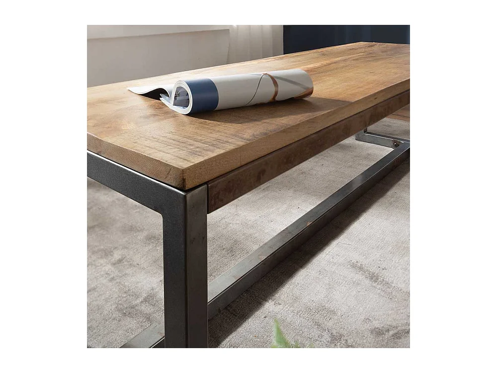 Esszimmersitzbank aus Mangobaum Massivholz und Eisen Lehne