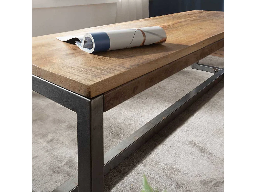 Esszimmersitzbank aus Mangobaum Massivholz und Eisen Lehne