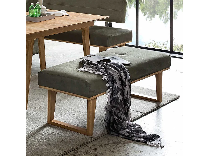 Eßzimmerbank in Dunkelgrün Microfaser Bügelgestell aus Eiche