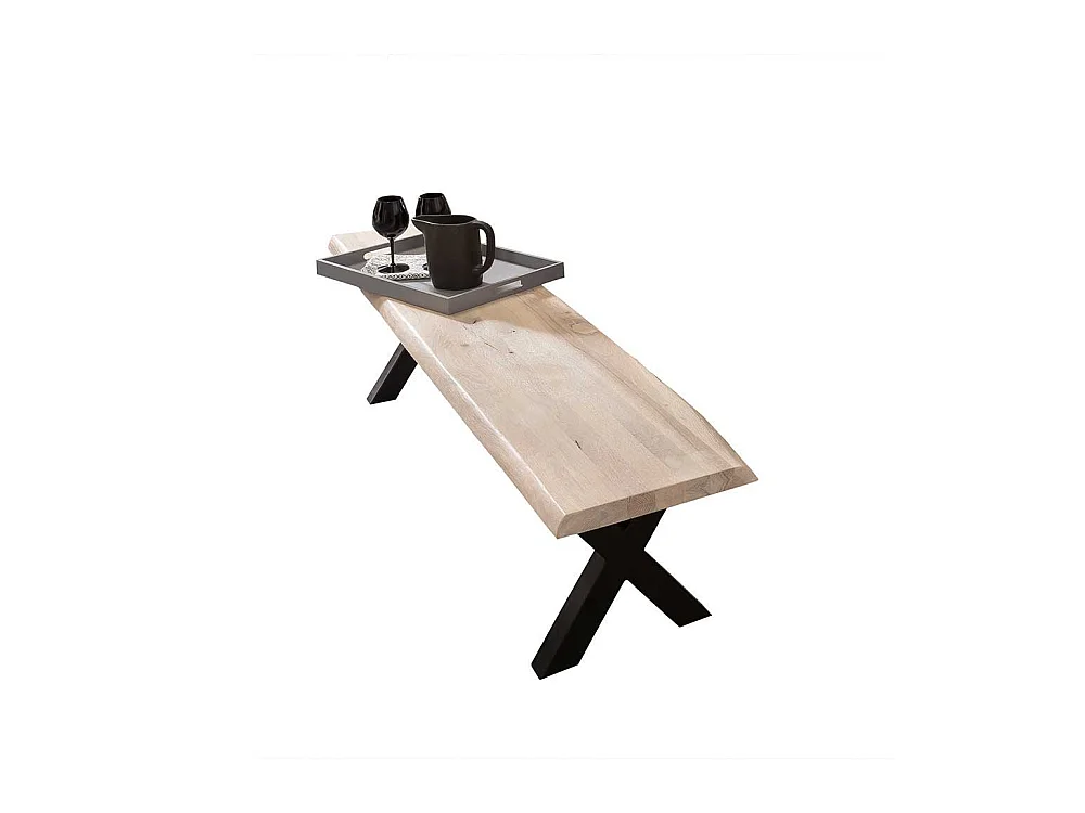 Baumkanten Esstischbank aus Eiche White Wash massiv X-Fußgestell in Schwarz