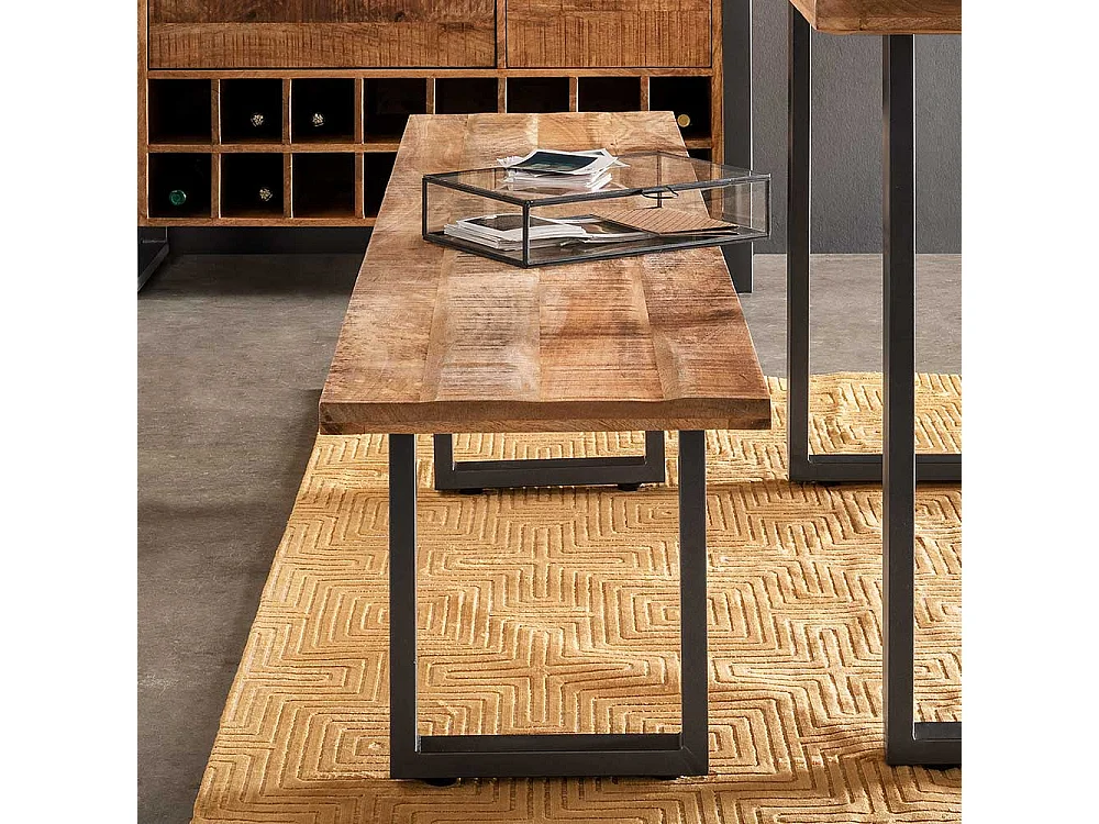 Massivholzbank aus Mangobaum Recyclingholz Bügelgestell aus Metall