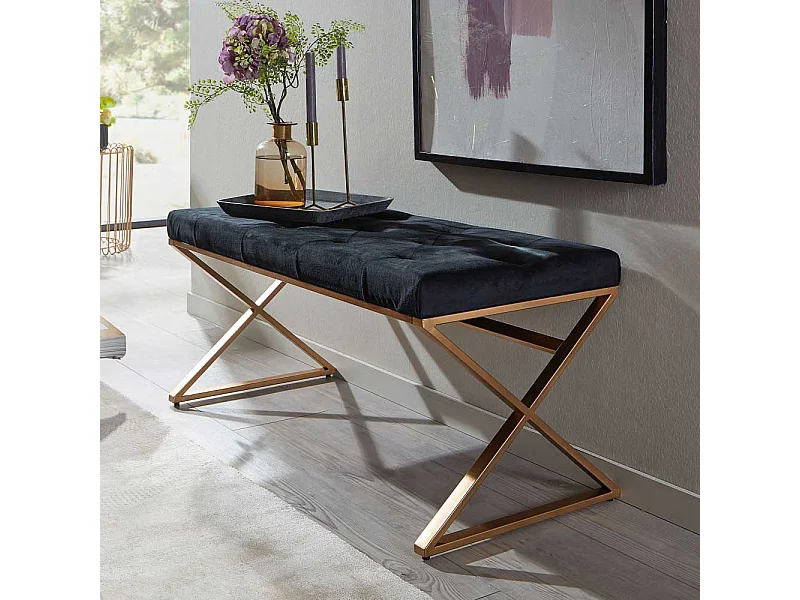 Retro Stil Polsterbank aus Samt und Metall Schwarz und Goldfarben