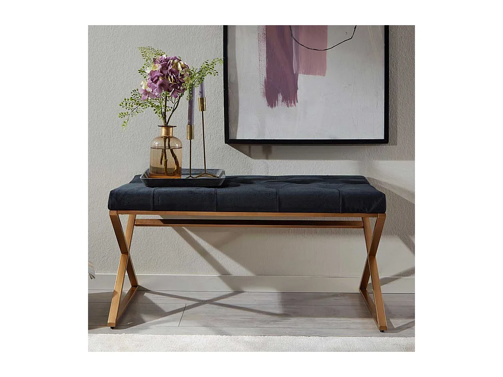 Retro Stil Polsterbank aus Samt und Metall Schwarz und Goldfarben