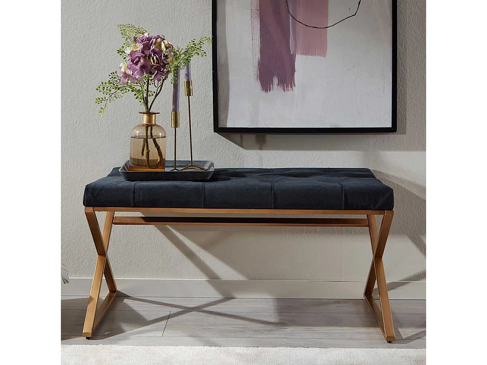 Retro Stil Polsterbank aus Samt und Metall Schwarz und Goldfarben