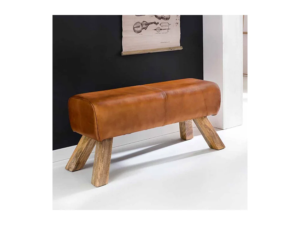 Design Sitzbank in Braun Leder Massivholzbeine