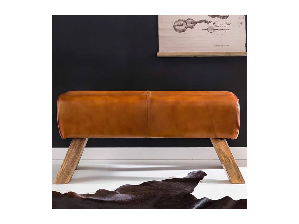 Design Sitzbank in Braun Leder Massivholzbeine