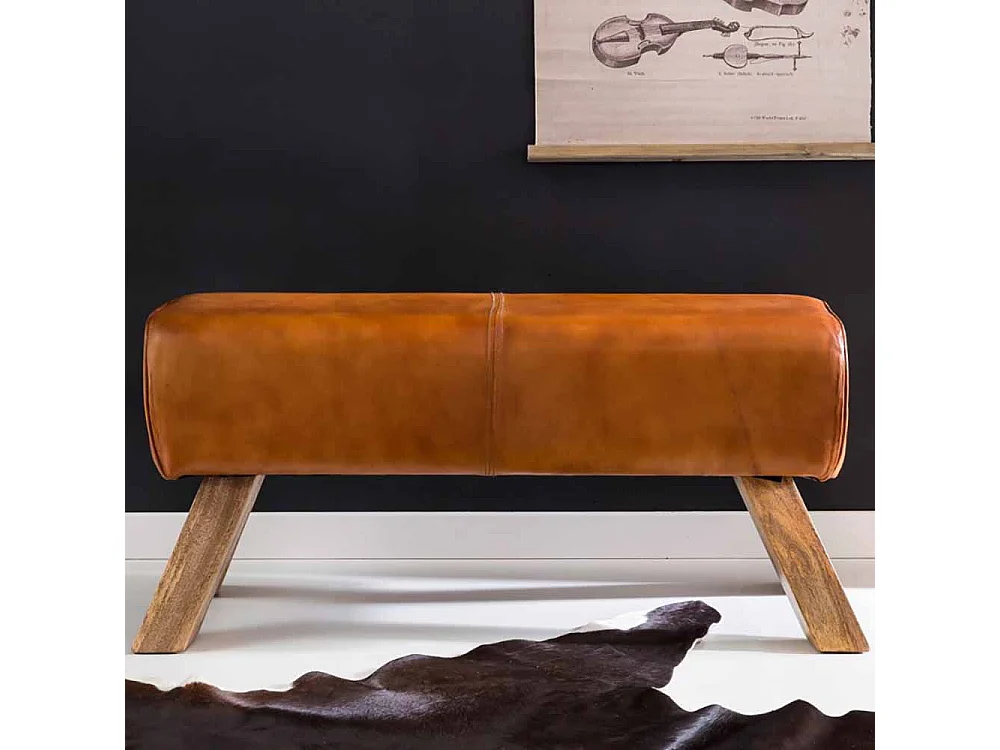 Design Sitzbank in Braun Leder Massivholzbeine