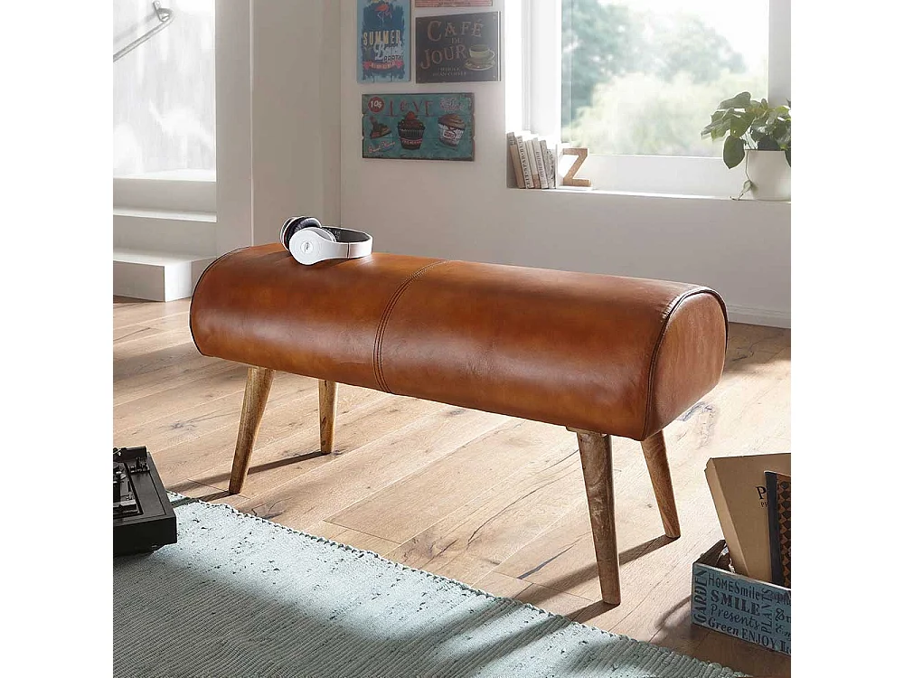 Echtleder Sitzbank in Cognac Braun rustikalen Landhaus Design