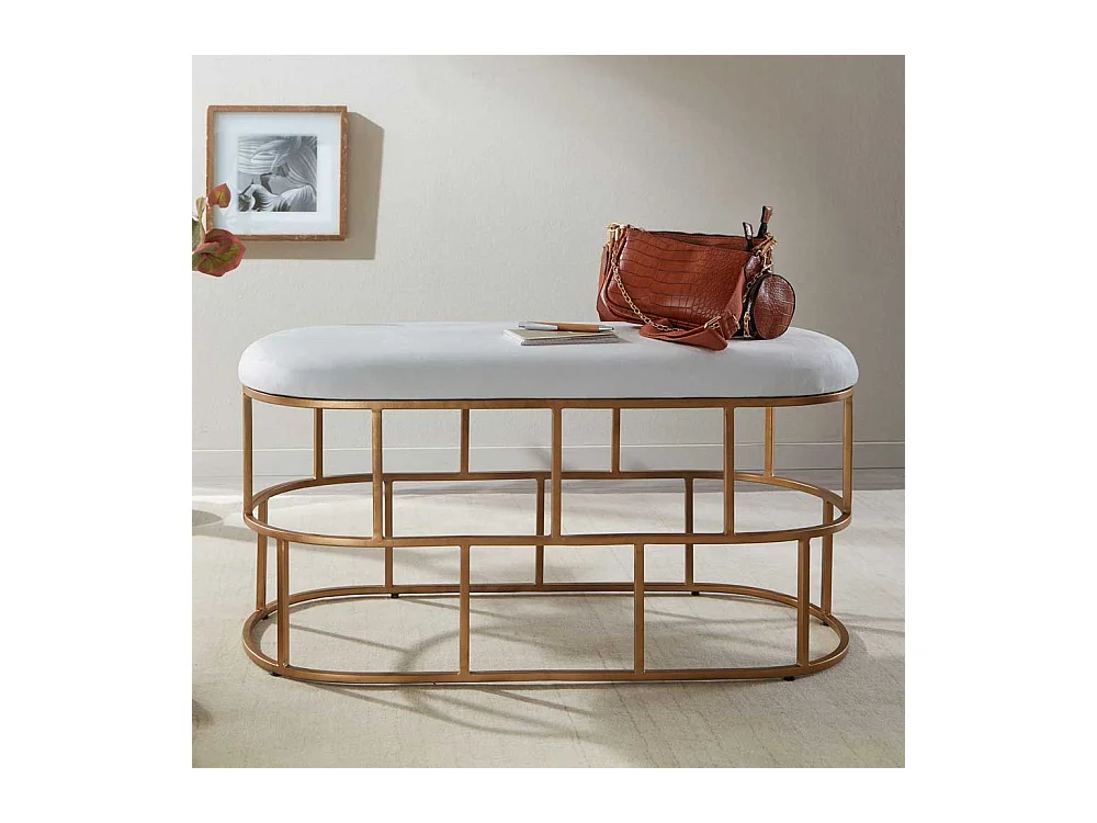 Polster Sitzbank in Weiß und Goldfarben Samt und Metall