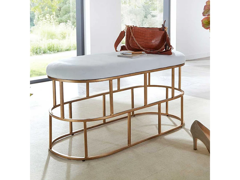 Polster Sitzbank in Weiß und Goldfarben Samt und Metall