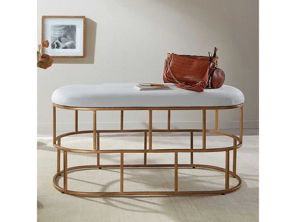 Polster Sitzbank in Weiß und Goldfarben Samt und Metall