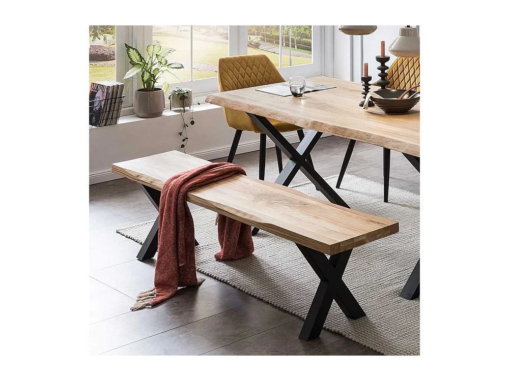 Baumkanten Bank für Esstisch Eiche Massivholz und Metall