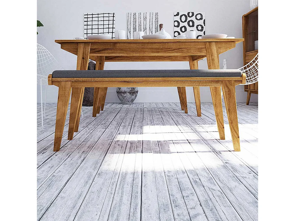 Esszimmer Sitzbank aus Wildeiche Massivholz Hellgrau Webstoff