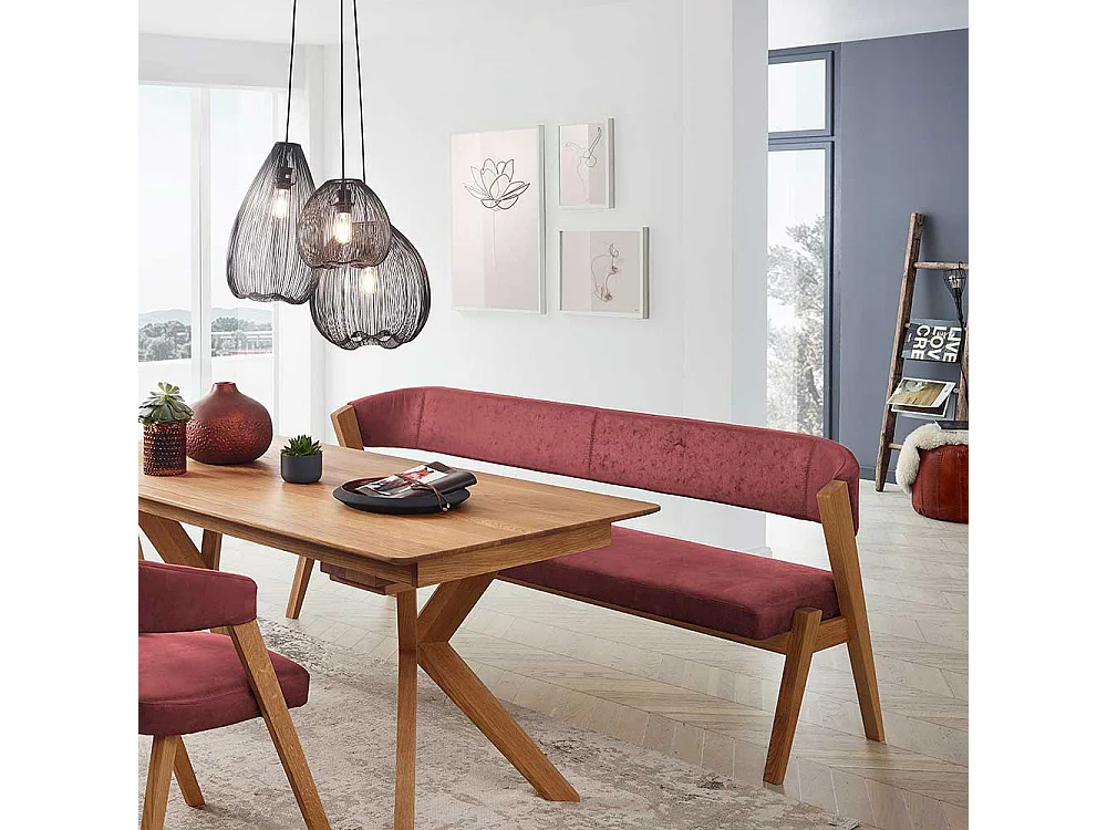 Esszimmersitzbank in Rot und Wildeiche Massivholz Vierfußgestell