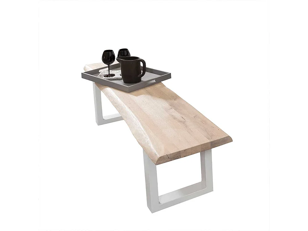 Baumkantenbank aus Eiche White Wash massiv Metall Bügelgestell