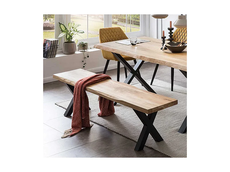 Baumkanten Bank für Esstisch Eiche Massivholz und Metall