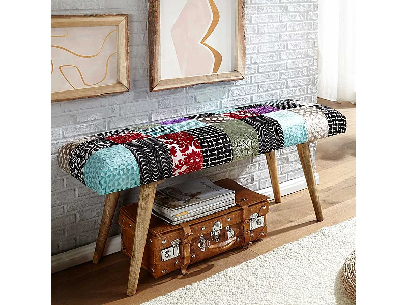 Patchwork Ankleidebank im Vintage Look Samt und Massivholz