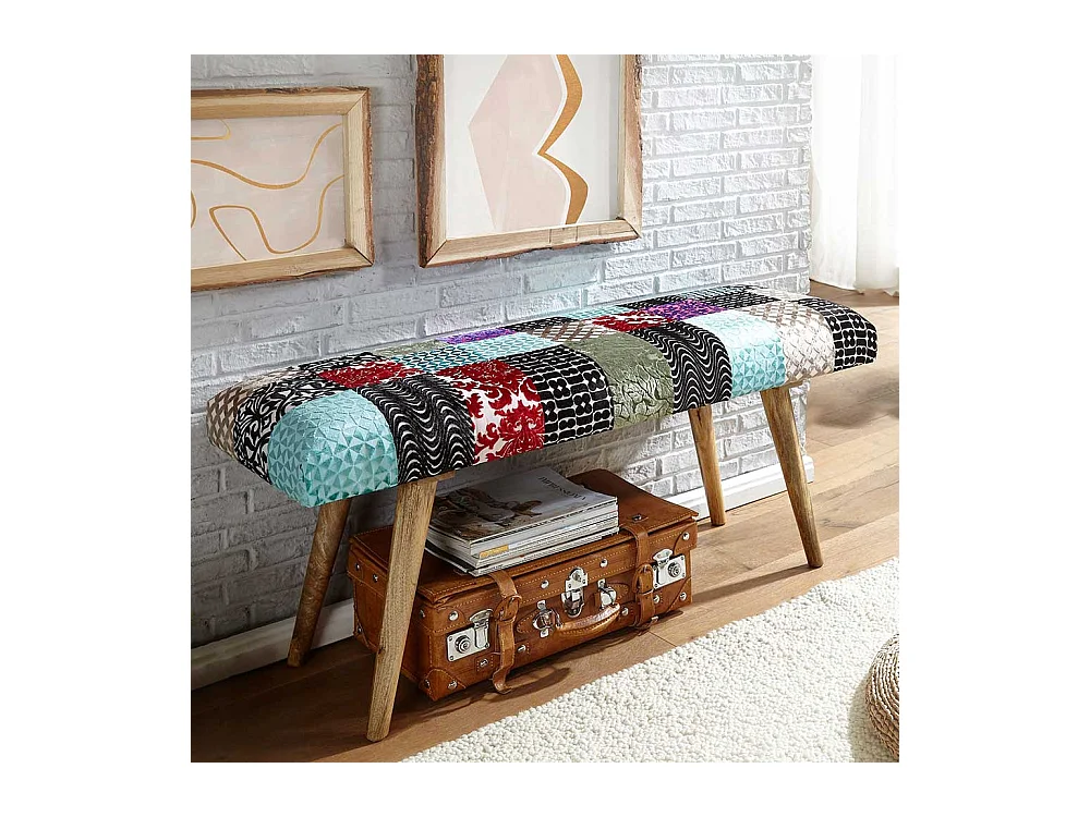 Patchwork Ankleidebank im Vintage Look Samt und Massivholz