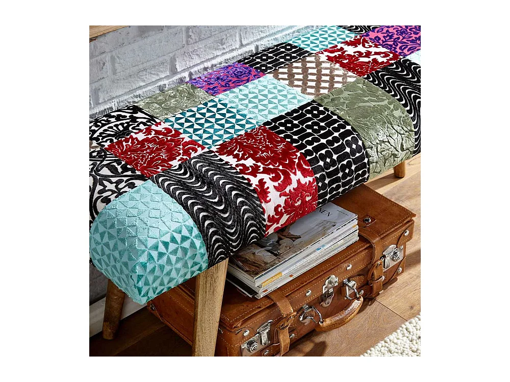 Patchwork Ankleidebank im Vintage Look Samt und Massivholz