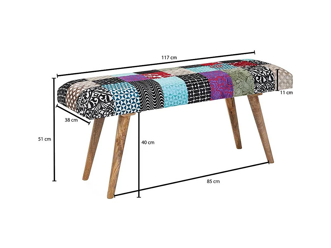 Patchwork Ankleidebank im Vintage Look Samt und Massivholz