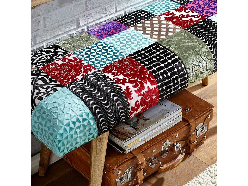 Patchwork Ankleidebank im Vintage Look Samt und Massivholz