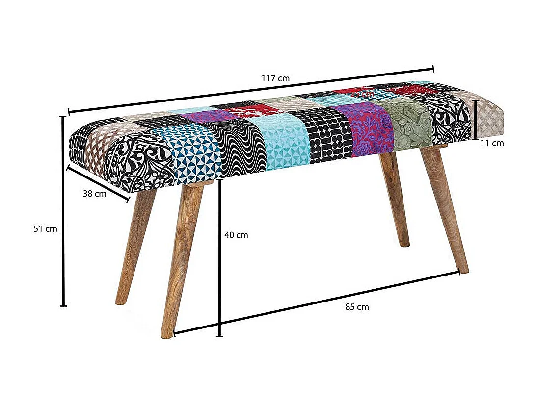 Patchwork Ankleidebank im Vintage Look Samt und Massivholz