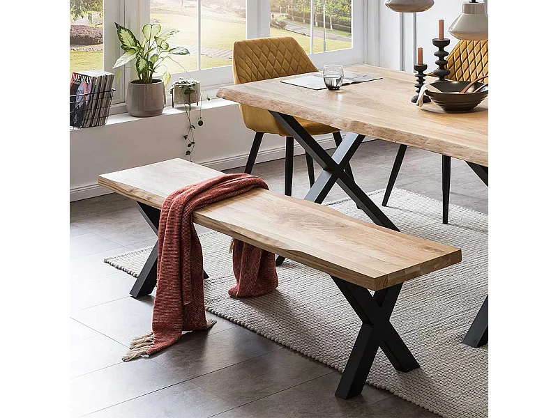 Baumkanten Bank für Esstisch Eiche Massivholz und Metall