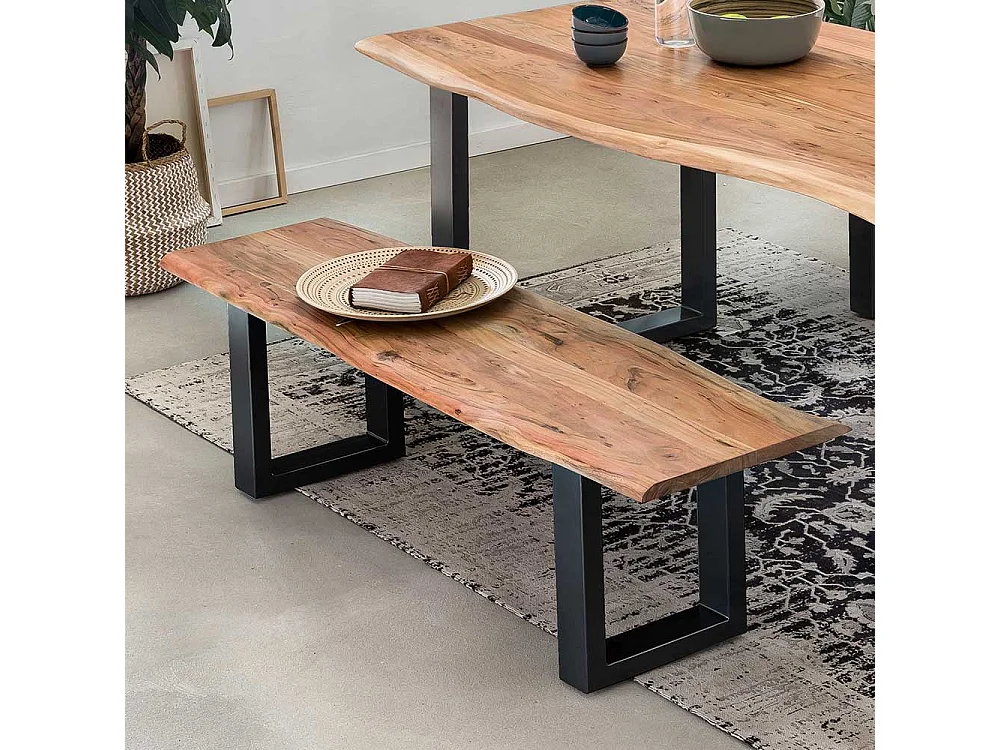 Baumkanten Essbank aus Akazie Massivholz und Stahl 150 cm breit
