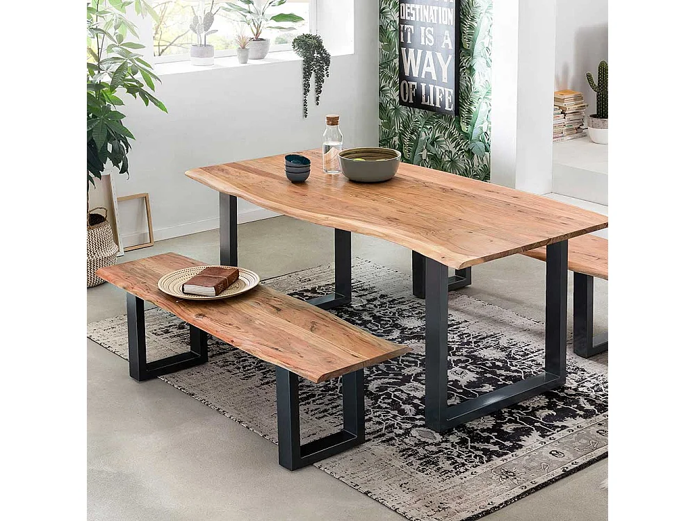 Baumkanten Essbank aus Akazie Massivholz und Stahl 150 cm breit