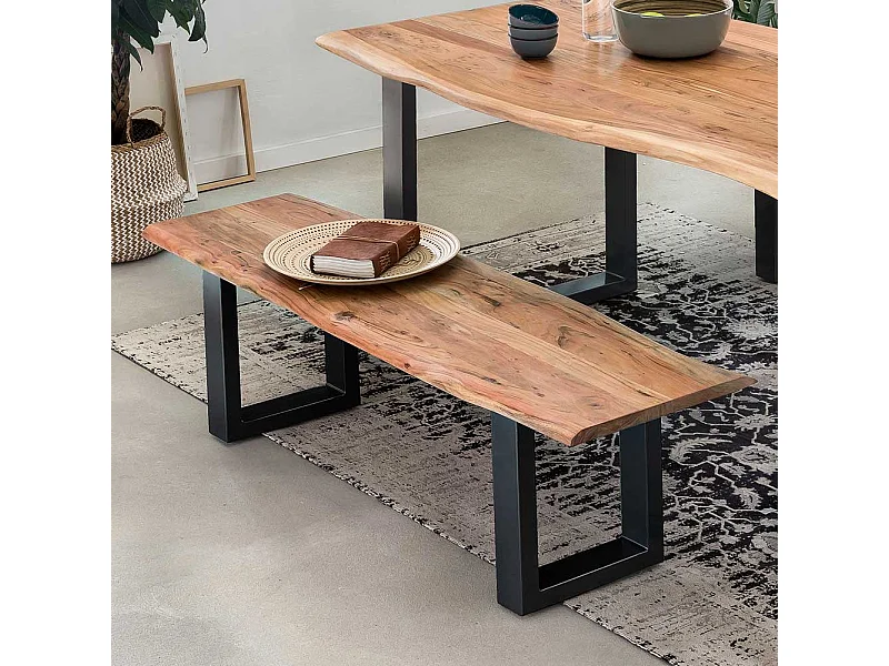 Baumkanten Essbank aus Akazie Massivholz und Stahl 150 cm breit