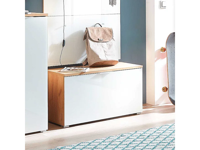 Garderoben Sitzbank in Weiß Glas beschichtet und Eichefarben Klappe